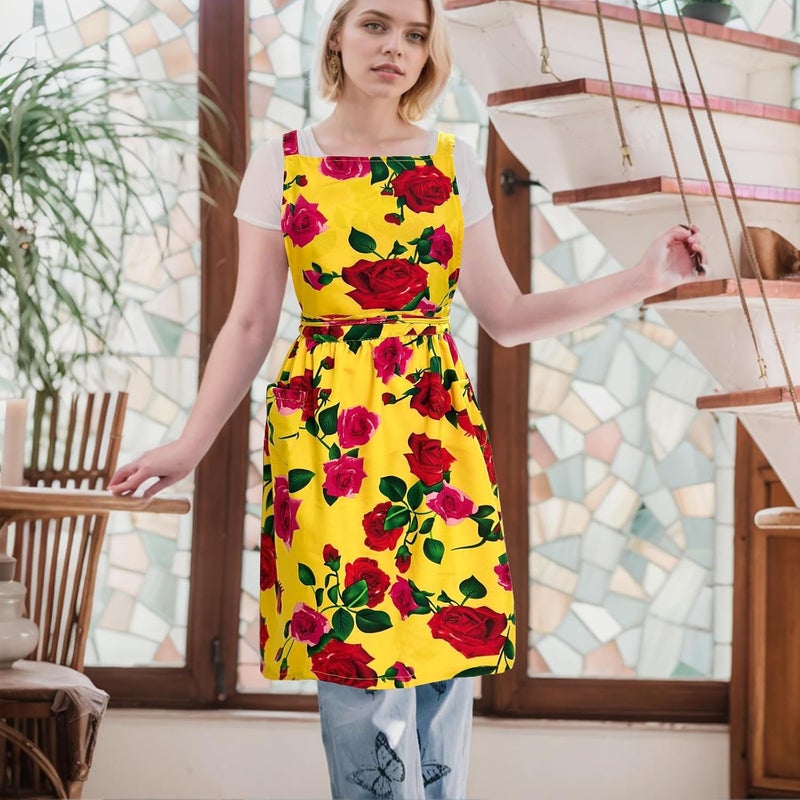 Cityelf Vintage Pinafore Floral Apron Dress with Headscarf Set Adjustable Cross Back with Pocket for Kitchen Baking Gardening - Image 4